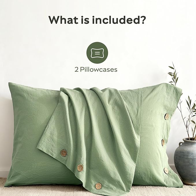 JELLYMONI 100% Washed Cotton Standard Pillowcases Set, 2 Pack Linen-Like Texture Breathable Pillow Covers with Button Closure,Mint Green Standard 20"×26"(Pillows are not Included)