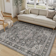5x7 Washable Vintage Area Rug Black Grey Living Room Bedroom Carpet Non-Slip Soft Low Pile Distressed Indoor Throw Rug for Dining Room Entryway Office