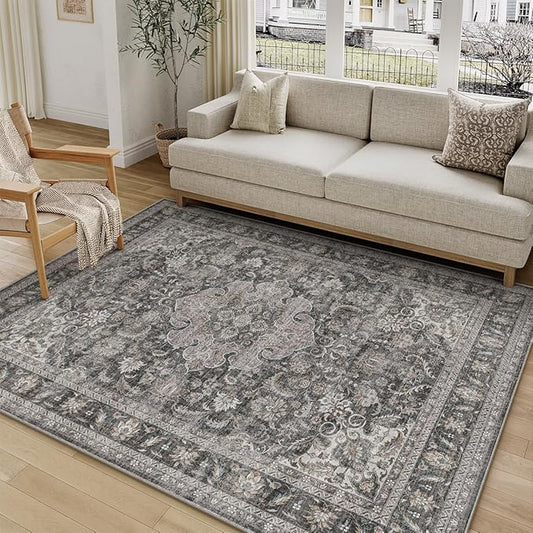 5x7 Washable Vintage Area Rug Black Grey Living Room Bedroom Carpet Non-Slip Soft Low Pile Distressed Indoor Throw Rug for Dining Room Entryway Office