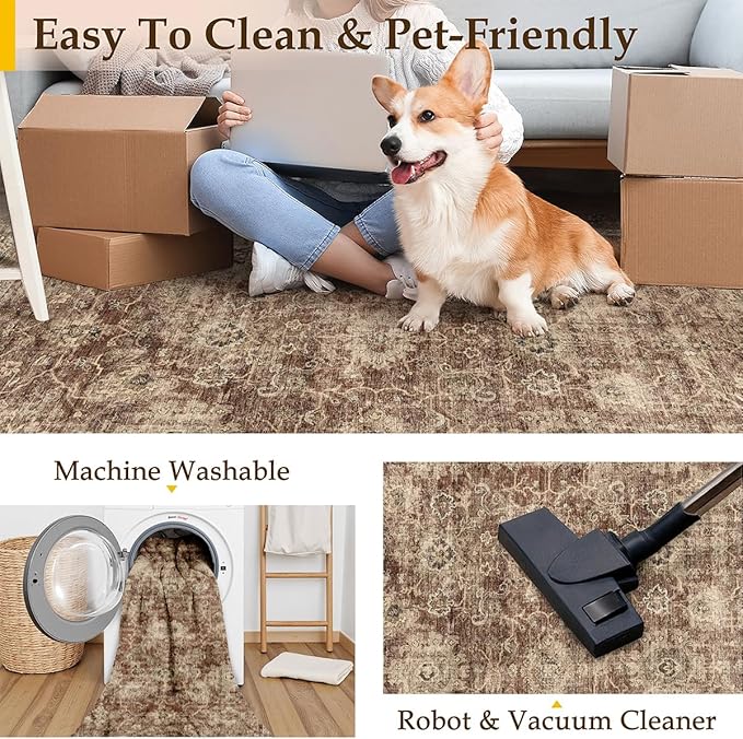 9x12 Rust Vintage Area Rug for Living Room Bedroom Distressed Rustic Large Carpet Non-Slip Low Pile Lightweight Vacuumable Soft Washable Throw Rug for Indoor Dining Room