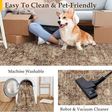 8x10 Washable Area Rug for Living Room Bedroom Rust Vintage Distressed Rustic Large Carpet Non-Slip Low Pile Lightweight Vacuumable Soft Throw Rug for Indoor Dining Room