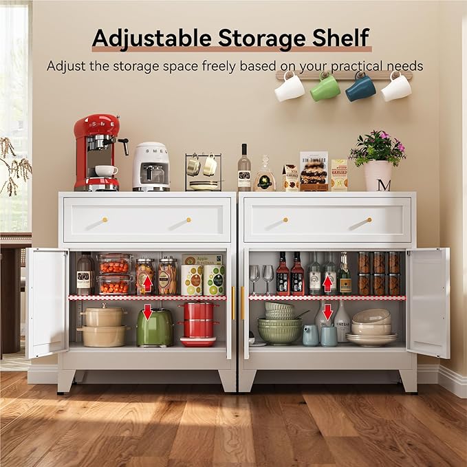 Metal Sideboard Cabinet, Small Pantry Sideboard Cabinets with 2 Doors and Adjustable Shelves, White Metal Buffet Cabinet for Kitchen Dining Room Living Room, Entryway, Bathroom,Office