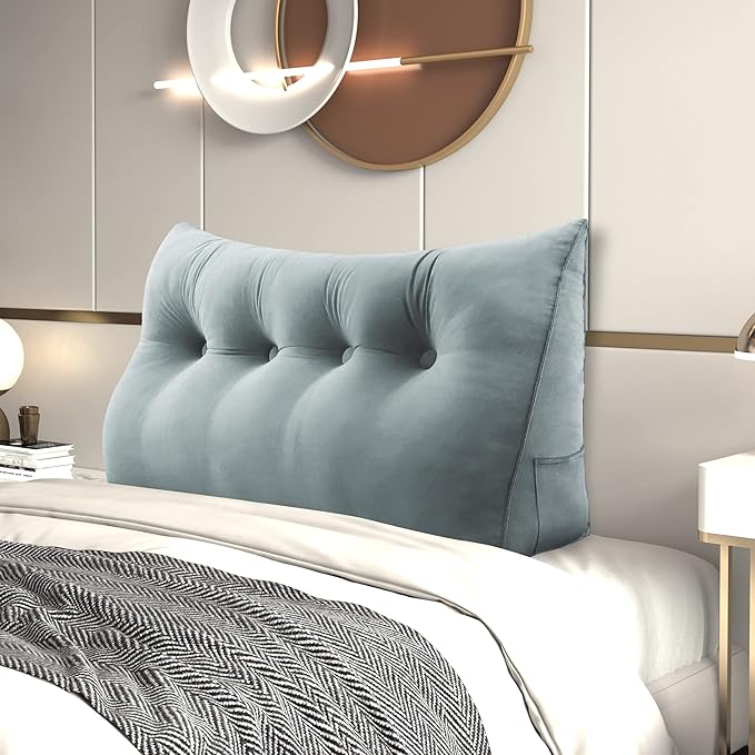 Bed Wedge Pillow for Headboard Large Bolster Pillow Reading Pillows for Sitting Up in Bed Adult, Triangular Backrest Cushion Book Pillows for Daybed Couch Support Upholstered（LightGray, Full）