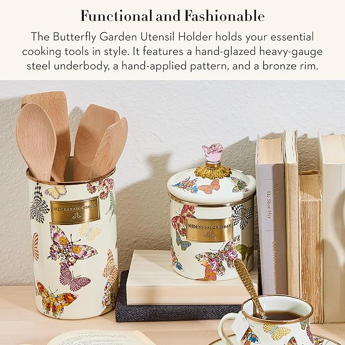 MACKENZIE-CHILDS Enamel Utensil Holder, Kitchen Utensil Holder for Countertop, Storage Caddy, Butterfly Garden