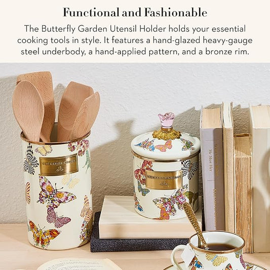 MACKENZIE-CHILDS Enamel Utensil Holder, Kitchen Utensil Holder for Countertop, Storage Caddy, Butterfly Garden