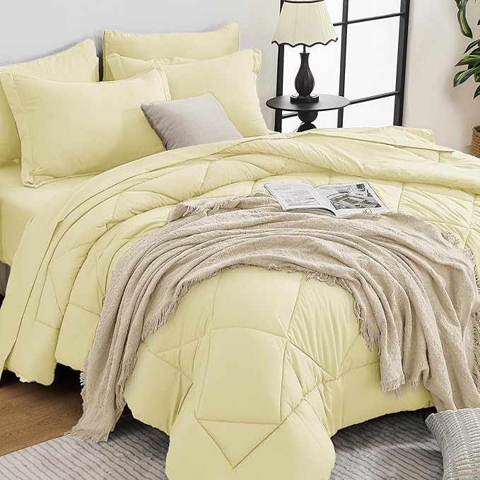 HEVUMYI Cream Yellow Twin Comforter Set - 5-Piece All Season Bed in a Bag Twin, Ultra Soft Bedding Set with Comforter, Flat Sheet, Fitted Sheet, Pillowcases, Pillow Shams