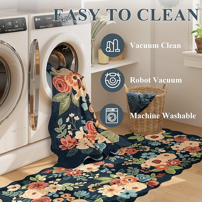 DUKINO 5x7 Area Rug, Floral Washable Rugs for Living Room with Non Slip Backing & Non-Shedding, Lightwight Low Pile Boho Design Large Carpets for Bedroom, Living Room, Dining Room, Navy Blue