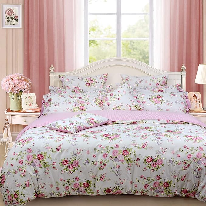 FADFAY Rose Floral Duvet Cover Set Pink Grid Cotton Girls Bedding with Hidden Zipper Closure 3 Pieces, 1duvet Cover & 2pillowcases,Twin Size