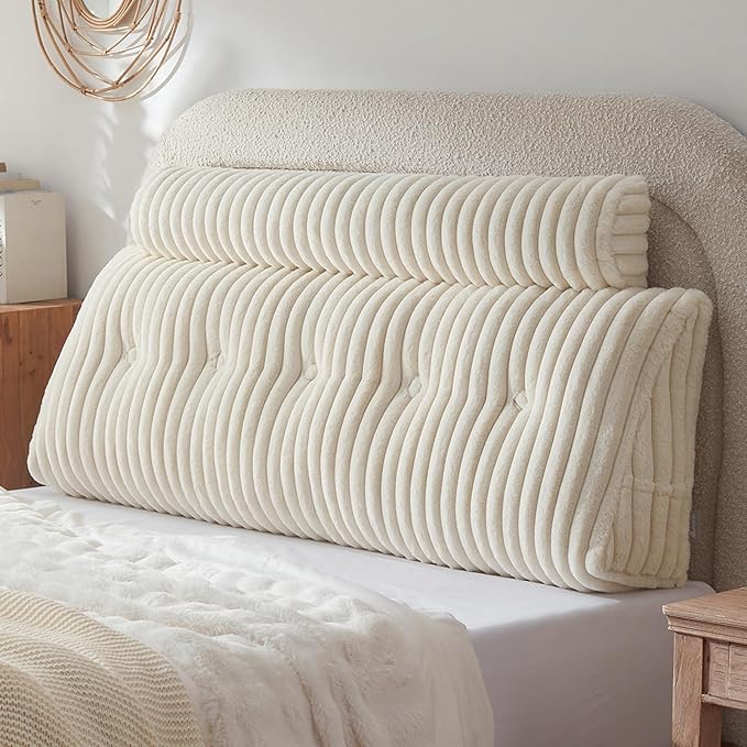 Headboard Pillow + A Long Neck Roll Pillow Body Pillow，Faux Fur Headboard Wedge Pillow with Removable Cover (Beige, Queen：59x8x20 inches)