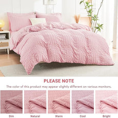 HYMOKEGE Pink King Size Comforter Set Seersucker 7 Pieces, All Season Luxury Bed in a Bag for Bedroom, Bedding Set with Comforters, Sheets, Pillowcases & Shams