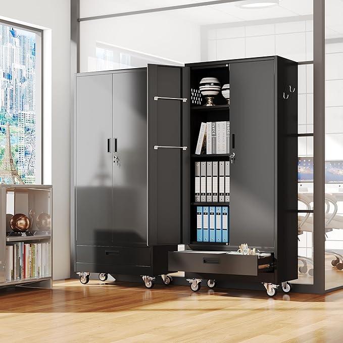 SUXXAN Broom Closet with Wheels 71"x 31.5"x15.75", Metal Cleaning Cabinets with Drawer Hooks and Hanging Rods, Lockable Cabinet with Pegboard, Adjustable Shelf,for Garage, Laundry Room