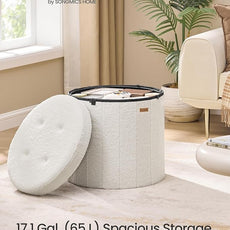 SONGMICS Mazie Collection - Round Storage Ottoman, Folding Footrest Stool with Removable Lid, Easy Assembly, Teddy Fleece Vanity Stool for Bedroom, Living Room, Entryway, Cream White ULSF606W01