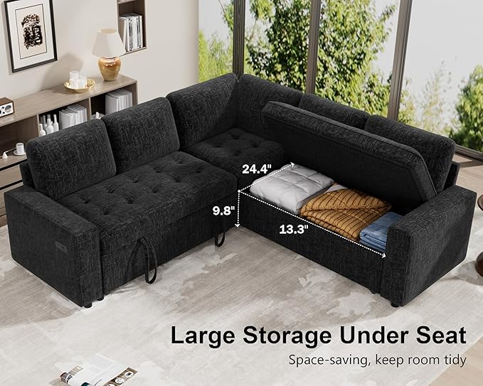 WEUP 5 Seat L Shaped Sectional Sleeper Sofa Bed with Pull Out Bed, Chenille Sectional Sleeper Couch with Adjustable Backrest, USB Ports & Storage Seat, Tool-Free Assembly, Chenille Black