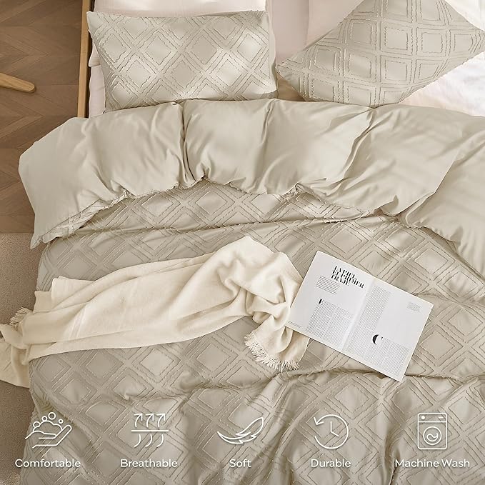 JELLYMONI Duvet Cover Twin Size Light Khaki - 3PCS Boho Duvet Cover Set Plaid Polyester Tufted Bohemian Jacquard Knit Textured Comforter Cover 68×90in Rhombic Geometric Pattern Corner Ties & Zipper