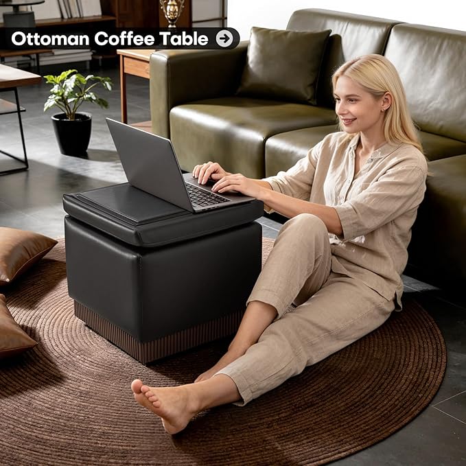 Square Ottoman with Storage,Swivel Vanity Stool-Faux Leather Foot Rest,Upholstered Footstool Pouf with Sturdy Acacia Wood Frame(500lbs),Small Coffee Table & Hidden Storage for Living Room