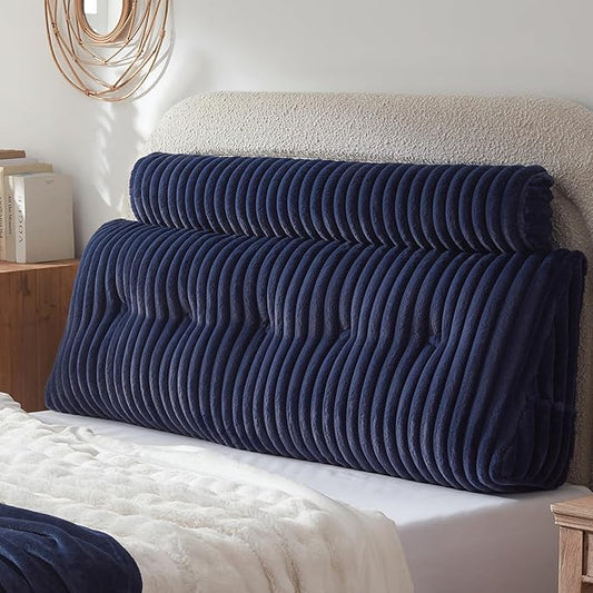 Headboard Pillow + A Long Neck Roll Pillow Body Pillow，Faux Fur Headboard Wedge Pillow with Removable Cover (Blue, Queen：59x8x20 inches)