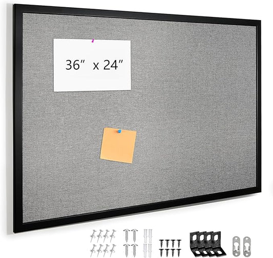 Bulletin Board 36 x 24 Inch, Cork Board for Walls, Wood Framed Bulletin Boards with Grey Canvas, Wall Mounted Corkboard for Office School Home Decorative