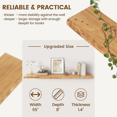 Live Edge Elm Floating Shelves for Wall Decor, Rustic Solid Wood Shevles Wall Mounted with Invisible Bracket for Living Room Bathroom Bedroom Kitchen, 55 Inch Set of 1, Natural