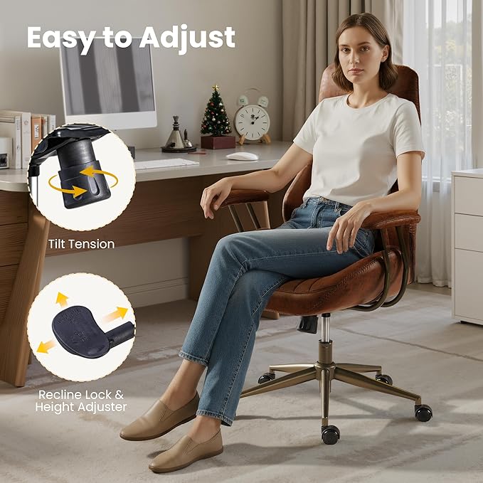 Home Office Desk Chair, Mid-Century Modern Office Chair with Adjustable Lumbar Support, Adjustable Height Executive Chair with 360 Rolling Swivel for Meeting Study Room(High Back, Dark Brown)