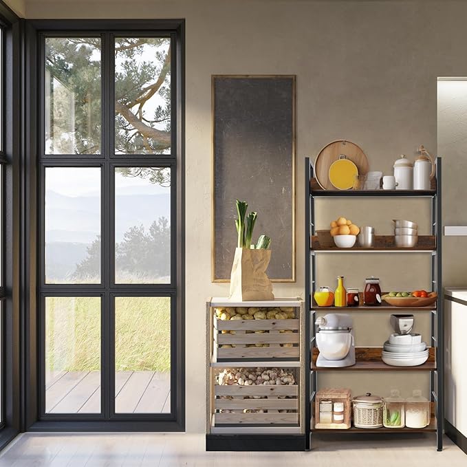 Himimi Bookshelf, Industrial Wood Bookshelves and Bookcases, Ladder Shelf 5 Tier with Metal Frame for Living Room, Bedroom, Kitchen, Home Office, Rustics Brown