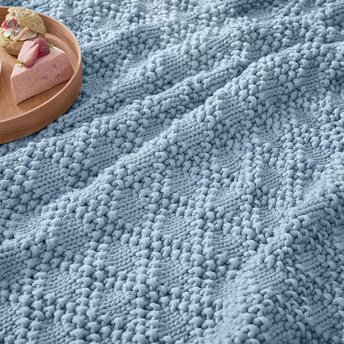 Knitted Weighted Blanket for Adult, Chunky Knit Weighted Throw for Sleep 50"*60" 10lbs, Cooling Breathable Heavy Blanket for Hot Sleepers, Machine Washable Blanket for Room Decor(HazeBlue)