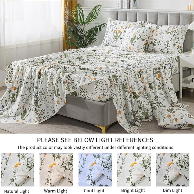 FADFAY Twin XL Sheets Set, 100% Percale Cotton Floral Dorm Bedding, Extra Long Twin Botanical Print Sheets & Pillowcases Yellow Flowers & Leaves, Breathable & Soft Wildflower Bedding for College