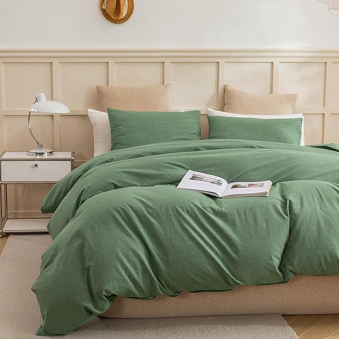 ECOCOTT Sage Green Duvet Cover King Size, 3 Piece 100% Washed Cotton 1 Duvet Cover with Zipper and 2 Pillowcases, Ultra Soft and Easy Care Breathable Cozy Bedding Set(Sage Green, King)