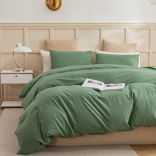ECOCOTT Sage Green Duvet Cover Queen Size, 3 Piece 100% Washed Cotton 1 Duvet Cover with Zipper and 2 Pillowcases, Ultra Soft and Easy Care Breathable Cozy Bedding Set(Sage Green, Queen)