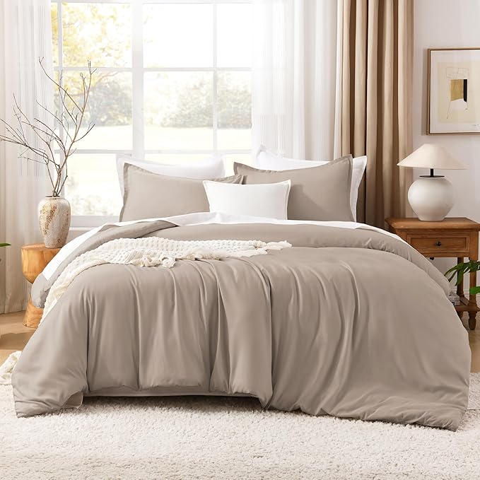 Litanika Light Coffee Comforter Full Size, 3 Pieces Lightweight Solid Bedding Set, All Season Fluffy Bed Set (79x90In Comforter & 2 Pillowcases)