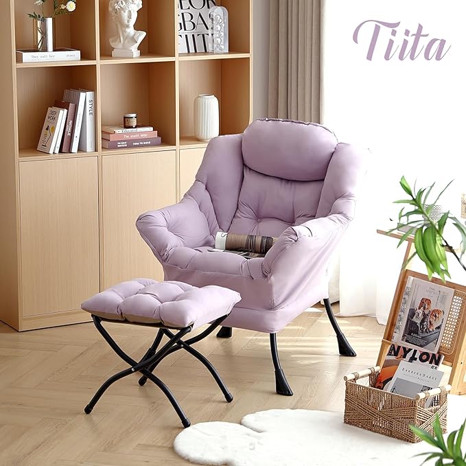 Tiita Lazy Chair with Ottoman, Modern Large Accent Lounge Armchair, Comfy Leisure Sofa Reading Chair with Footrest for Bedroom, Living Room, Dorm Rooms, Garden and Courtyard, Purple