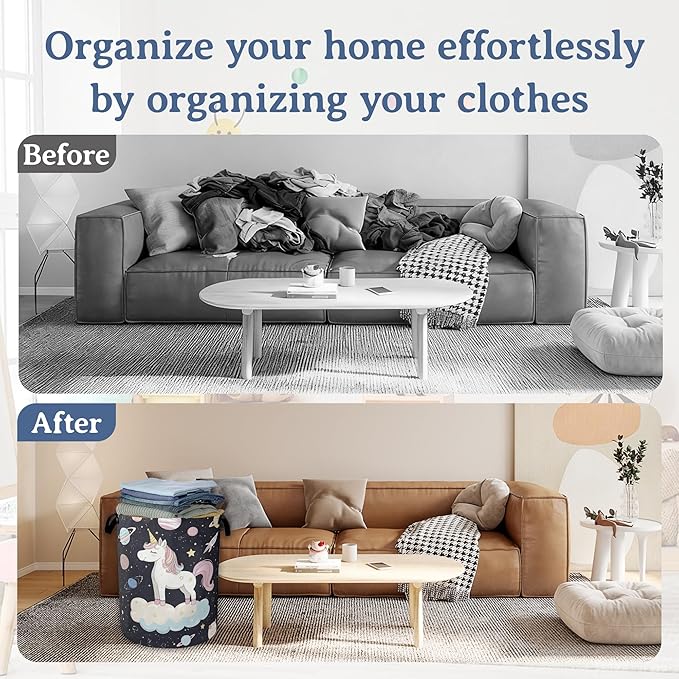 Cute Unicorn Laundry Basket,Foldable Oxford Cloth Planet Laundry Hamper with Handles, 20.8"x16" Tote Bag Clothes Storage Bucket for Laundry Room/Bathroom/Bedroom/Dormitories