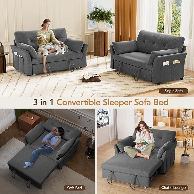 Vipbear Sleeper Sofa with Pull-Out Bed, 3-in-1 Convertible Sofa Bed, Loveseat with Reclining Backrest and Side Pocket for Living Room, Apartment, Tool-Free Assembly, Dark Grey