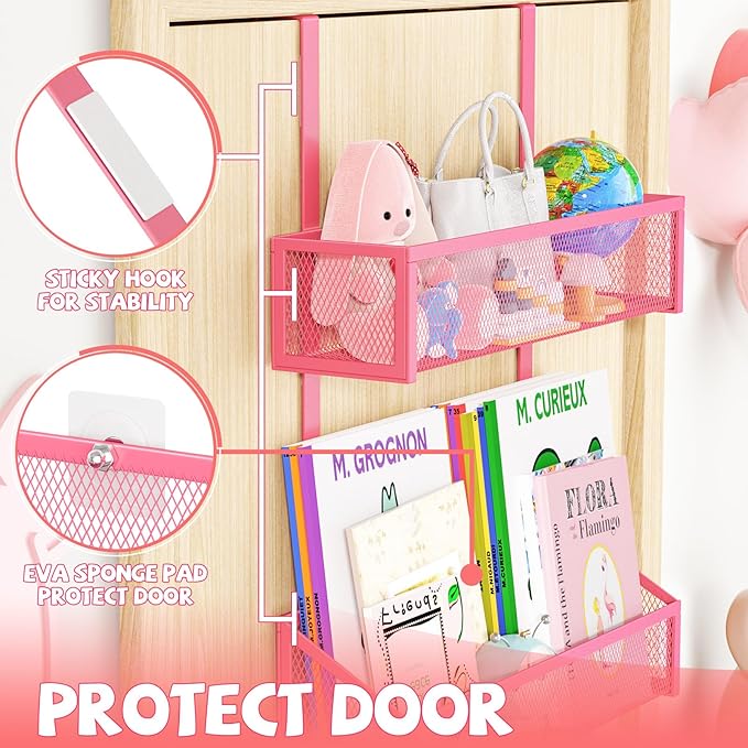 Over The Door Hooks Organizer, Coat Rack Over The Door Storage Hanger Towel Rack, Back of Storage Organizer for Bathroom,Bedroom,Kitchen,Office (Pink 3-Tier)