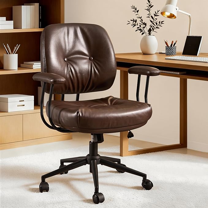 ovios Ergonomic Office Chair, Mid Back Faux Leather Executive Chairs with Thick Cushion, Comfy Mid-Century Modern Swivel Rolling Computer Armchair (Dark Brown, PU Leather)