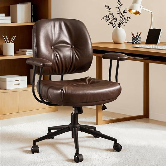 ovios Ergonomic Office Chair, Mid Back Faux Leather Executive Chairs with Thick Cushion, Comfy Mid-Century Modern Swivel Rolling Computer Armchair (Dark Brown, PU Leather)