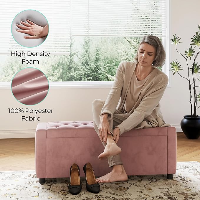 LINSY 50 Inches Wide Storage Ottoman Bench, Upholstered Foot Rest Stool, Long Bench Footstool, Couch Ottoman, Ottomans for Living Room, Entryway, End of Bed Storage Bench for Bedroom (Pink)
