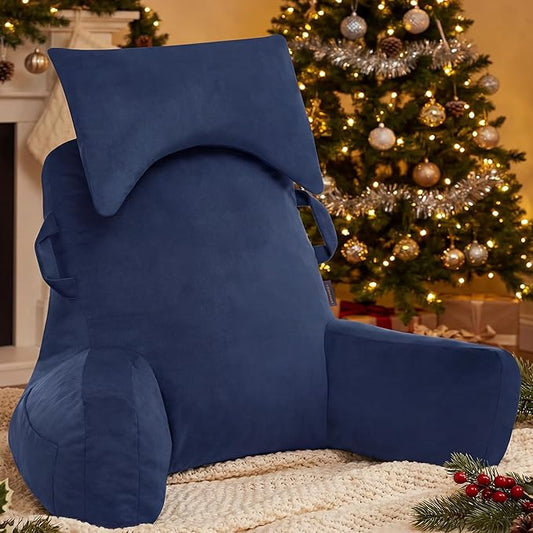 Portable Reading Pillows with Headrest for Bed Sitting Up(Royal Blue Oeko-Tex), Velvet Back Pillow with Arms & Pockets for Adults, Support Memory Foam Bed Pillow for Dorm/Watching/Gaming
