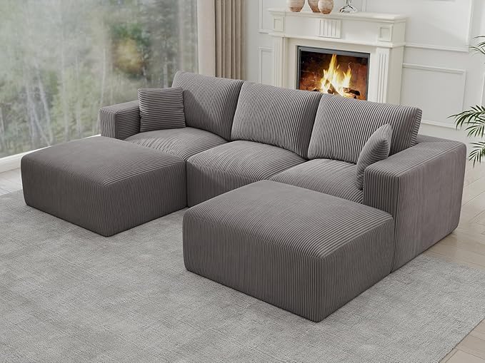 Modular Sectional Sleeper Sofa Couches for Living Room - Modern 110" U-Shaped Boneless Cloud Couch - Easy Assembly, Grey Cozy Corduroy Convertible Full Sponge Compression Sofas for House, Apartment
