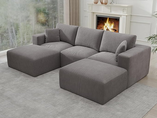 Modular Sectional Sleeper Sofa Couches for Living Room - Modern 110" U-Shaped Boneless Cloud Couch - Easy Assembly, Grey Cozy Corduroy Convertible Full Sponge Compression Sofas for House, Apartment
