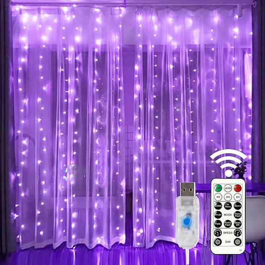 HOME LIGHTING Window Curtain String Lights, 300 LED 8 Lighting Modes Fairy Copper Light with Remote, USB Powered for Halloween Christmas Bedroom Party Wedding Home Garden Wall Decorations, Purple