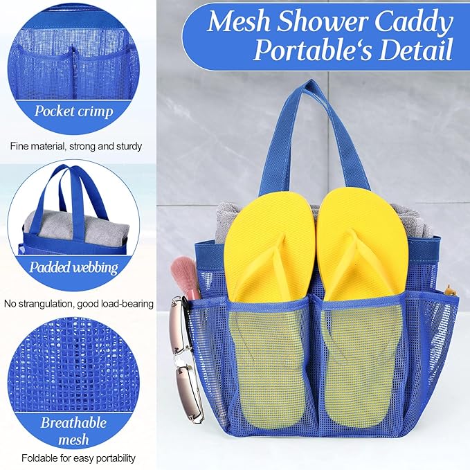 Hillban 4 Pcs Mesh Shower Caddy Portable Large Quick Dry Shower Caddy Basket with Deeper 8 Pockets and 2 Handles Hanging Bag for College Dorm Room(Navy Blue)