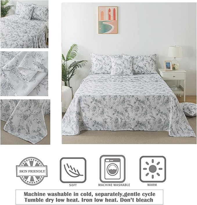 FADFAY Gray and White Sheets Set Full - Shabby Vintage Peacock Floral Bedding, Rustic Farmhouse Style, 100% Cotton Breathable With Deep Pocket Fitted Sheet, 4Pcs, Full Size