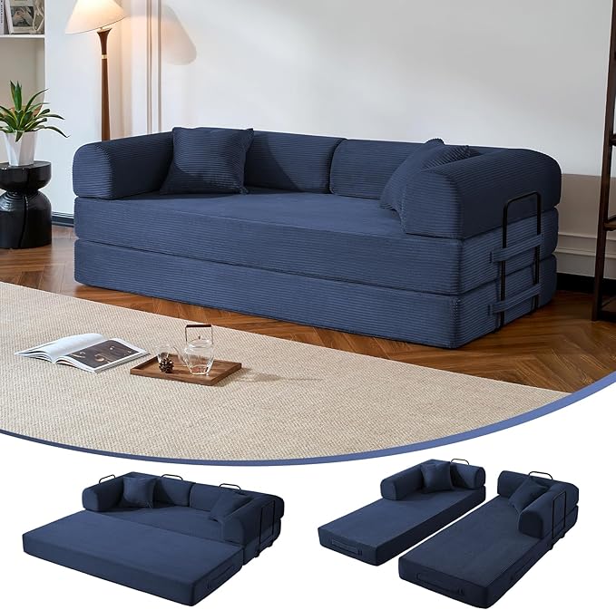 Compressed Sofa, Convertible Sofa Bed, Corduroy Compression Boneless Couch with Pillow, Comfy Modular Foldable Floor Sleeper Sofa for Bedroom, Living Room, Lounge, Studio (Dark Blue)
