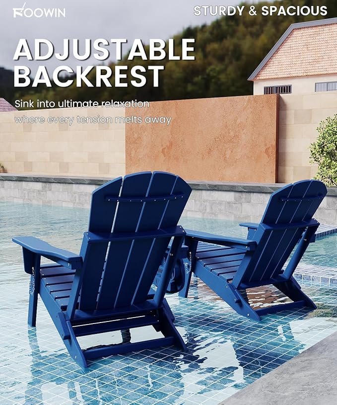 FOOWIN Folding Adjustable Adirondack Chair with Retractable Ottoman Set of 2, HDPE Adirondack Chair w/4 in 1 Cup Holder Trays,All-Weather Resistant Fire Pit Chair for Outdoor Patio Lawn, Navy Blue