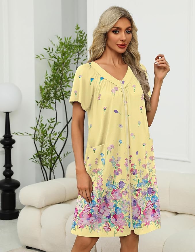 Ekouaer Women Robe Zipper Front Mumu Duster Robes Zip Up Housecoat Soft Sleepwear with Pockets