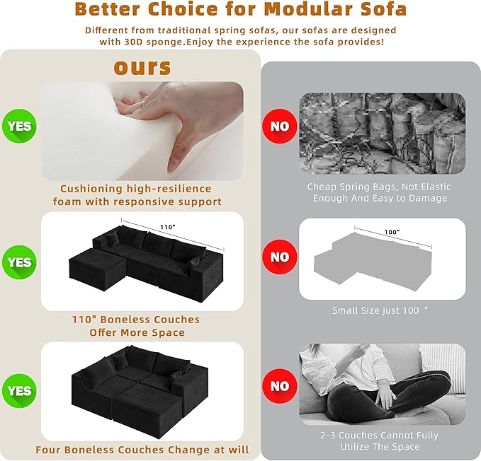 110" Cloud Couch Sectional for Living Room L-Shape Boneless Couches Modular Sectional Sofa with Deep Seat with Chaise,No Assembly Required,Carbon Black(Plush Corduroy Fabric)