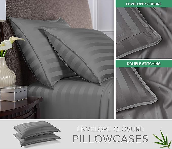 Pure Bamboo King Sheets, Genuine 100% Organic Viscose Derived from Bamboo Bed Sheet Set, Luxuriously Soft & Cooling, Double Stitching, 2 Year Quality Promise (King, Jacquard Stone)