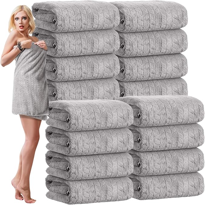 16 Pack Microfiber Bath Towels Bulk 27'' x 60'' Oversized Size Bath Towel Highly Absorbent Extra Large Soft Drying for Shower Beach Winter Salon Sport Gym Party (Wheat,Light Grey)