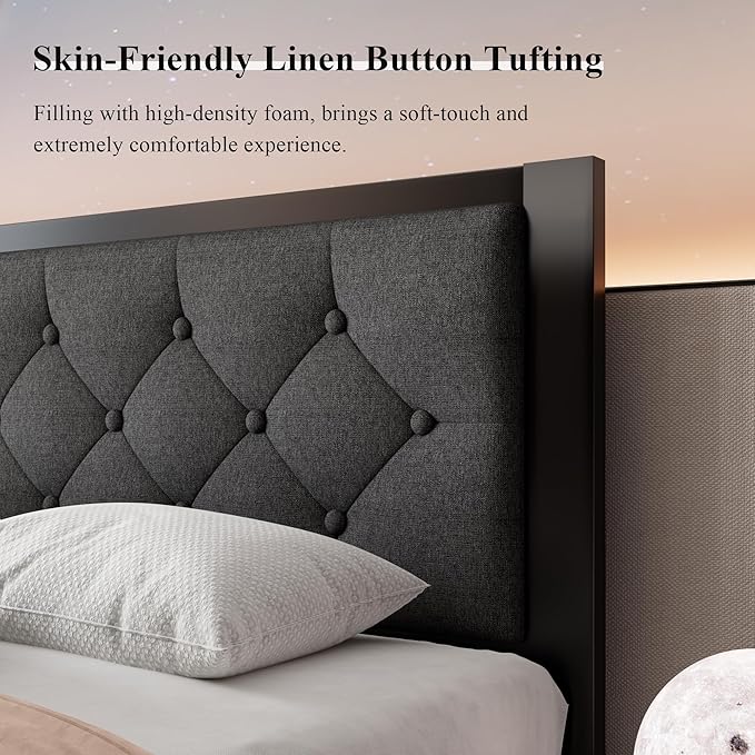 Feonase Twin Size Metal Bed Frame with Linen Upholstered Headboard, Heavy-Duty Platform Bed Frame with 12" Storage, Steel Slats Support, No Box Spring Needed, Gray
