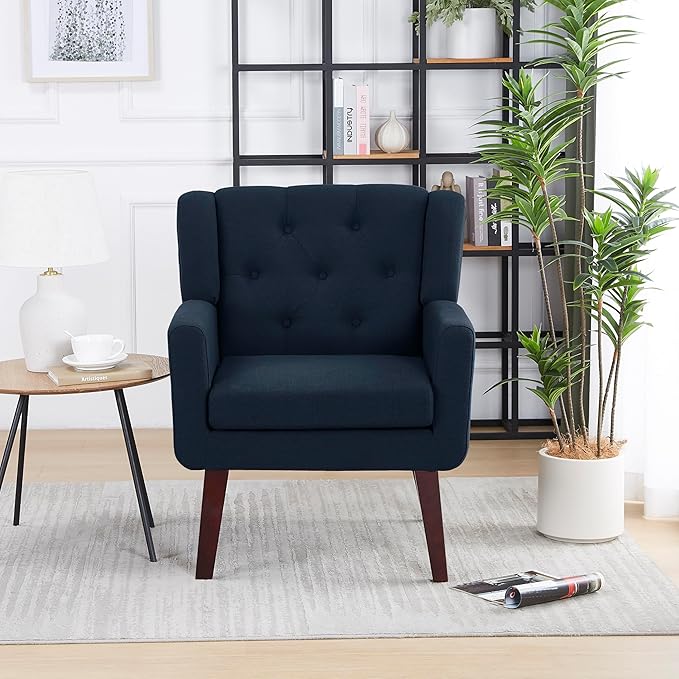 Accent Chair Button-Tufted Upholstered Living Room Chairs Comfy Reading Chair Mid Century Modern Chair with Linen Fabric Lounge Arm Chairs for Living Room Bedroom (Navy Blue)
